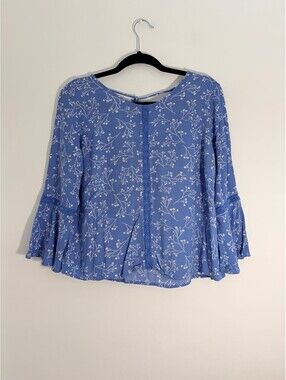 Grayson Threads Blue Floral Bell Sleeve Blouse Rayon Boho Cottagecore Top Size L